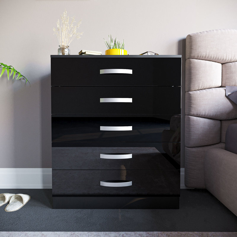 Arkadij 5 - Drawer High Gloss Chest of Drawers, Anti Bowing Bedroom Storage Cabinet, Black
