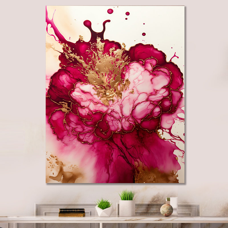 Célébration en rosé framboise III - Décoration murale abstraite à l'encre liquide en métal, H 20 po x l 12 po x P 1 po