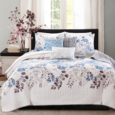 6 Piece Reversible Quilt In Blue, Watercolor Floral Print, Vermicelli Quilting, 90% Cotton, 10% Other Fiber Filling - Design, Enchanting And Attractive