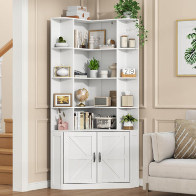 Bibliothèque d'angle de style ferme de 178 cm de haut avec armoire de rangement, étagère d'angle haute en MDF blanc avec porte coulissante de style grange pour salon et bureau à domicile