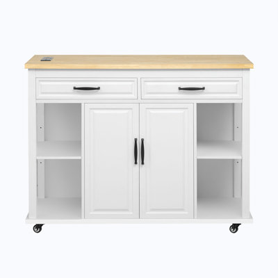 47 inch Kitchen Island with Extendable Dining Table, Rubber Wood Veneer Kitchen Table with Internal Storage Rack, Power Outlet, Kitchen island with St by Gracie Oaks