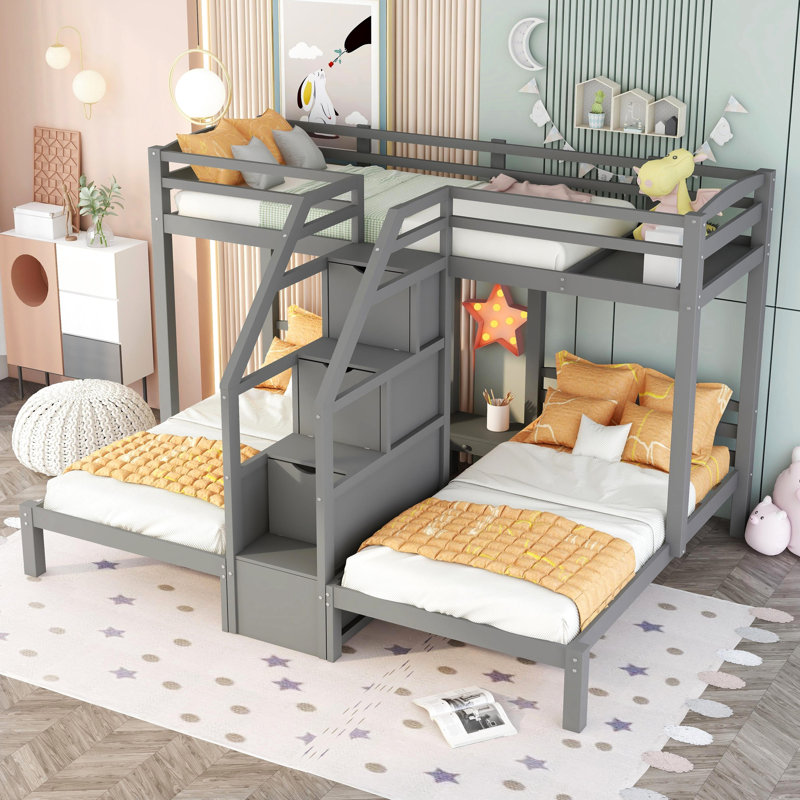 Lit simple au-dessus et superposé gris avec escalier et support - crée un espace de rangement pratique