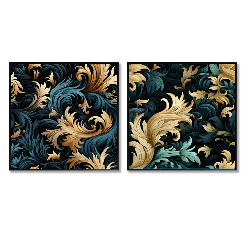 Calligraphie damassée noire et dorée, motifs floraux - formes abstraites, ensemble de 2 carrés, Cadre flottant brun