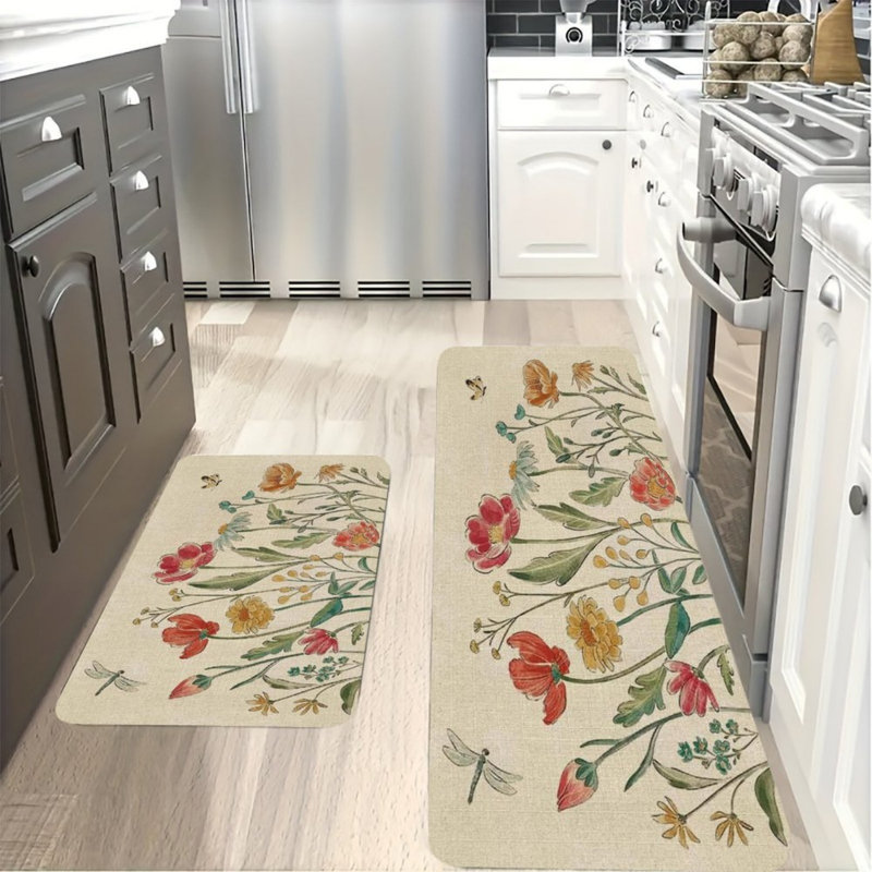 Tapis de cuisine beige à motif de libellules florales, ensemble de 2 tapis de chalet pour la cuisine et la salle à manger