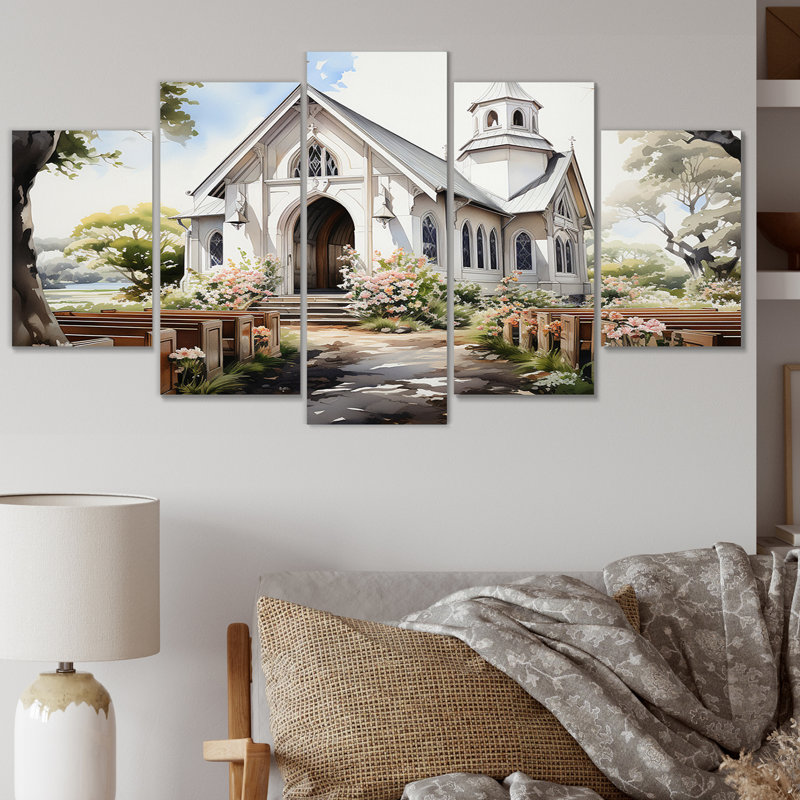 Aquarelle rustique de chapelle de mariage blanc - impression d'art mural paysage romantique - 5 panneaux