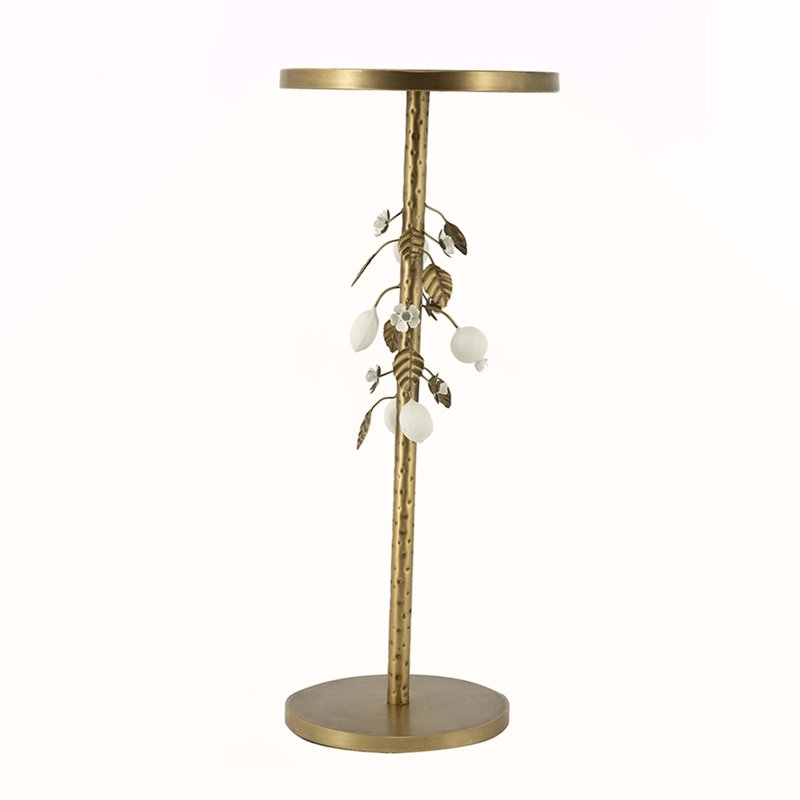 11.8X11.8X28.3" Round Iron Side Table With Gold And White Floral Accents And Cement Base