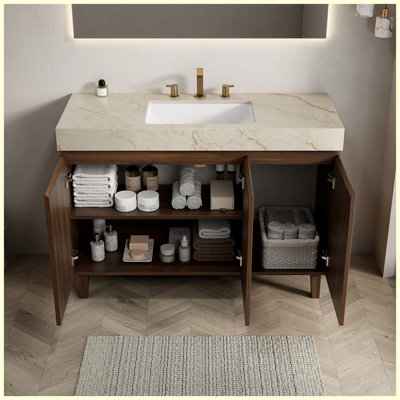 Meuble-lavabo autoportant de 48 po avec lavabo, comptoir en pierre frittée et vasque en céramique crème, armoire à grain de bois noyer, 3 trous de robinet pré-percés