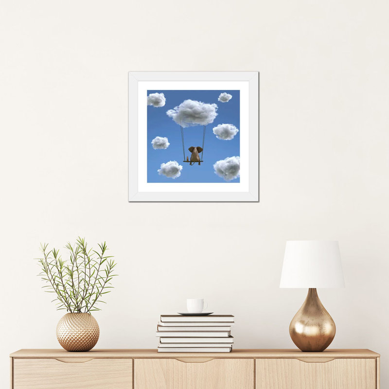 «Elephant and Dog Are Flying on a Cloud II» par Mike Kyiv - Reproduction d'art graphique, H 16 po x l 16 po x p 1 po, Blanc