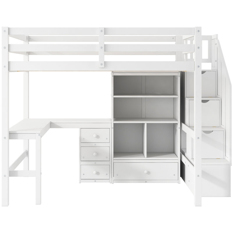 Lit mezzanine double blanc avec escalier de rangement, bureau en L, tiroirs et armoire - Escalier de conception pure
