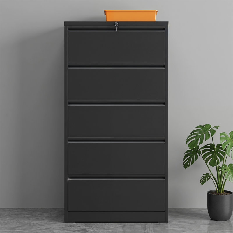 5‑Drawer Lateral File Cabinet, Black Steel, 550 lb Capacity, Interlock Locking System, Full‑Extension Ball‑Bearing Slides, for Legal/Letter/A4