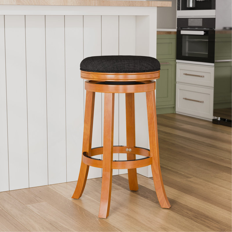 30" Bar Stool, Natural Finish, Charcoal Fabric Seat, Orange, Black