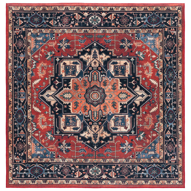 Willamae Orlando Felt/Velvet/Laminated Film Machine Washable Southwestern Rug in Rust/Blue, Square 6'7"
