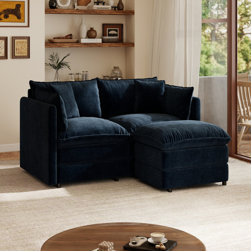 Canapé modulaire modulaire en forme de L de 112 po avec repose-pieds en chenille 4 places et coussin profond pour salon, Blue