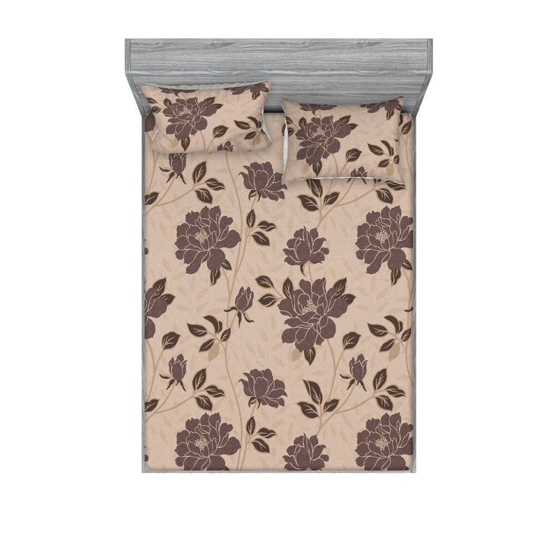 Ambesonne Fitted Sheet & Shams 3 Pcs Retro Botany Exotic Leaves Calking Pale Rust Seafoam Emerald, Dimgray/Camel Floral