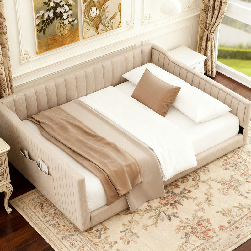 Upholstery Daybed and Side Storage pocket, Beige, Extra-Long Twin