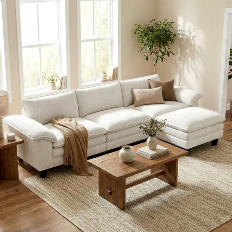 Canapé modulaire, canapé en L avec siège profond, repose-pieds mobile et accoudoirs coussinés, Beige