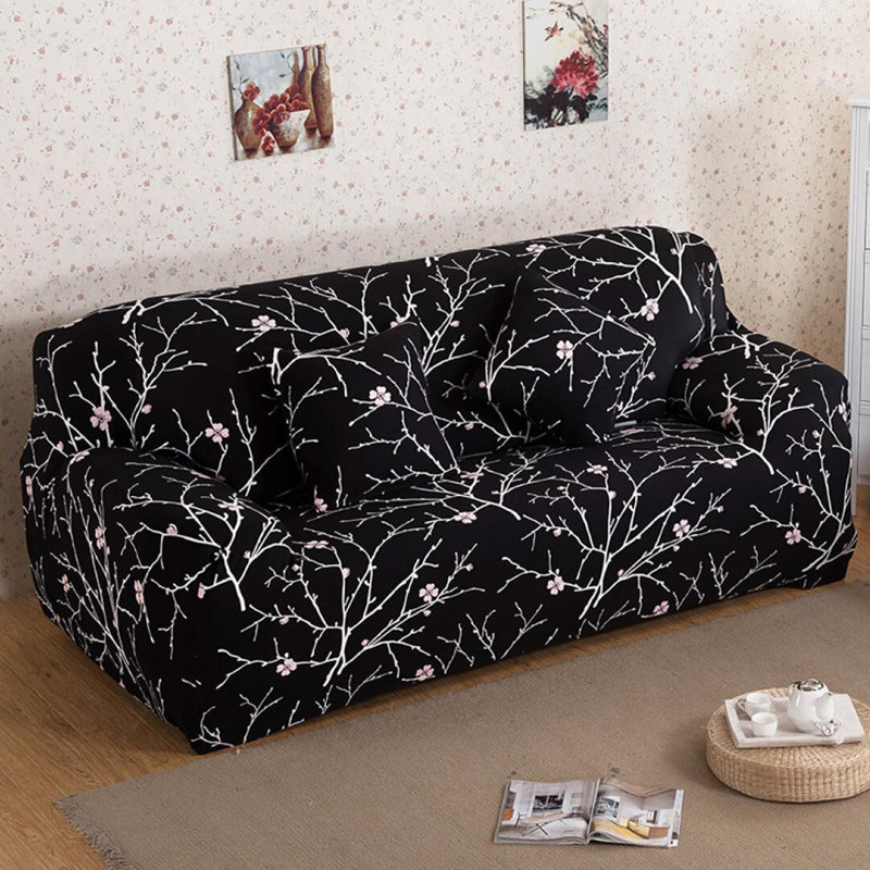 Housse pour canapé extensible 3 places, H 45 po x l 118 po x P 30 po, Mélange de polyester fleurs noires