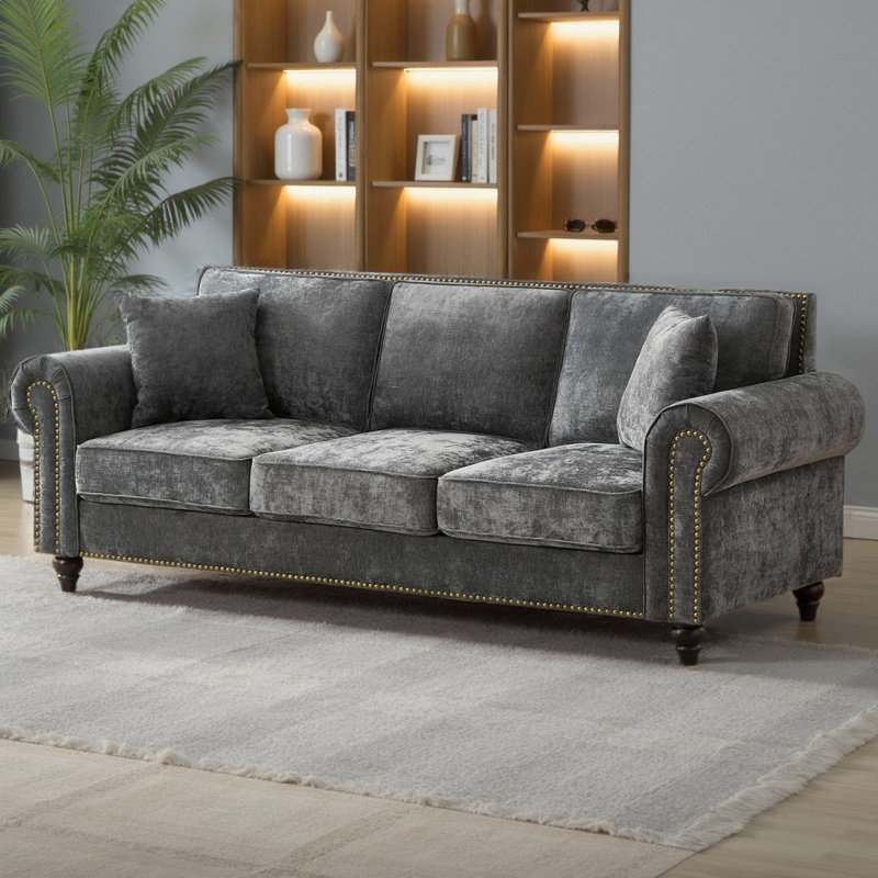 Canapé 86 po moderne à 3 places avec accoudoirs roulés et garniture cloutée, canapé rembourré en chenille avec pieds en bois massif pour salon et appartement (capacité de 700 lb)