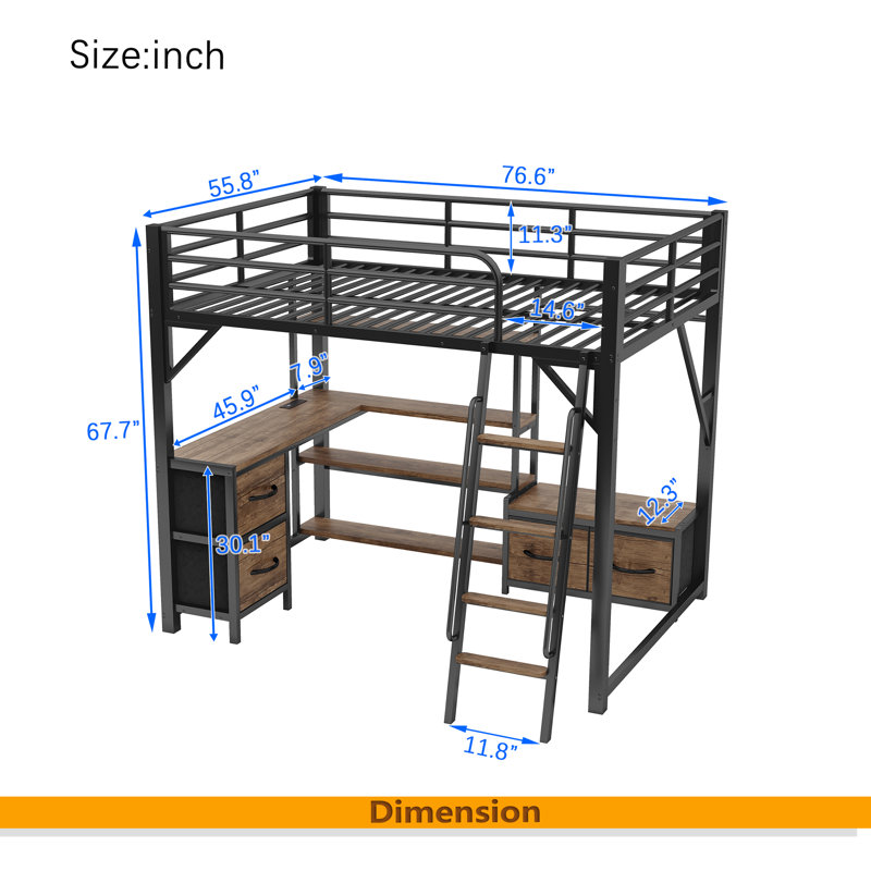 Lit mezzanine avec bureau et DEL, lit mezzanine en métal avec tablettes de rangement, garde-robe et tiroirs de rangement