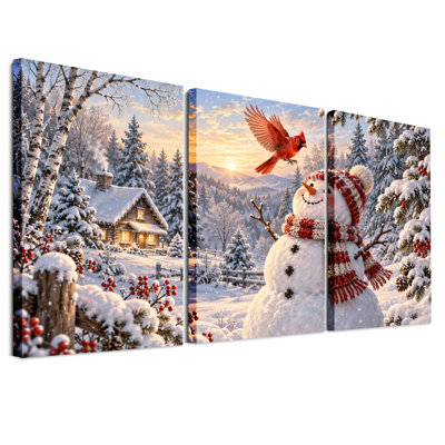 " Snowman and Red Cardinal in Snowy Winter Christmas " 3 Piece Art