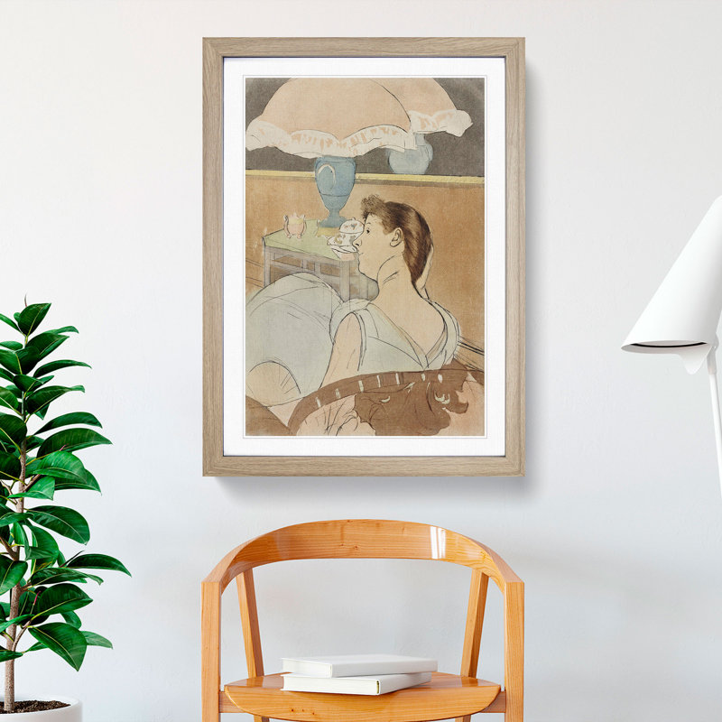 Woman by the Lamp by Mary Cassatt - Picture Frame Painting, 65cm H x 48cm W x 2cm D, Oak Framed