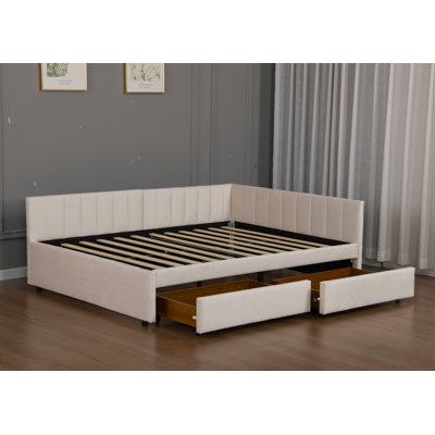 Lit de jour double avec tiroirs de rangement, tête de lit tapissier en L, structure de lit de jour en velours, beige