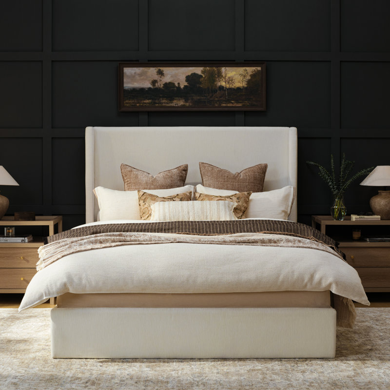  Queen Bed Frame With 53" Extra Tall Wingback Headboard, Luxury and Low Profile Grounded Upholstered Platform Bed, Heavy Duty Support, Noise-Free, Easy Assembly, No Box Spring Needed, Beige Chenille