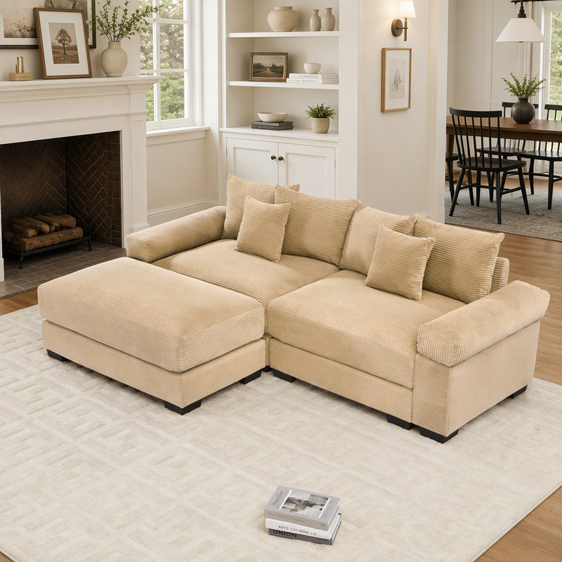 Canapé d'angle modulaire surdimensionné de 234 cm (92 pouces) en forme de L, revêtement en velours côtelé doux, pouf, assise profonde, design ergonomique, montage facile, pour salons et pièces à vivre