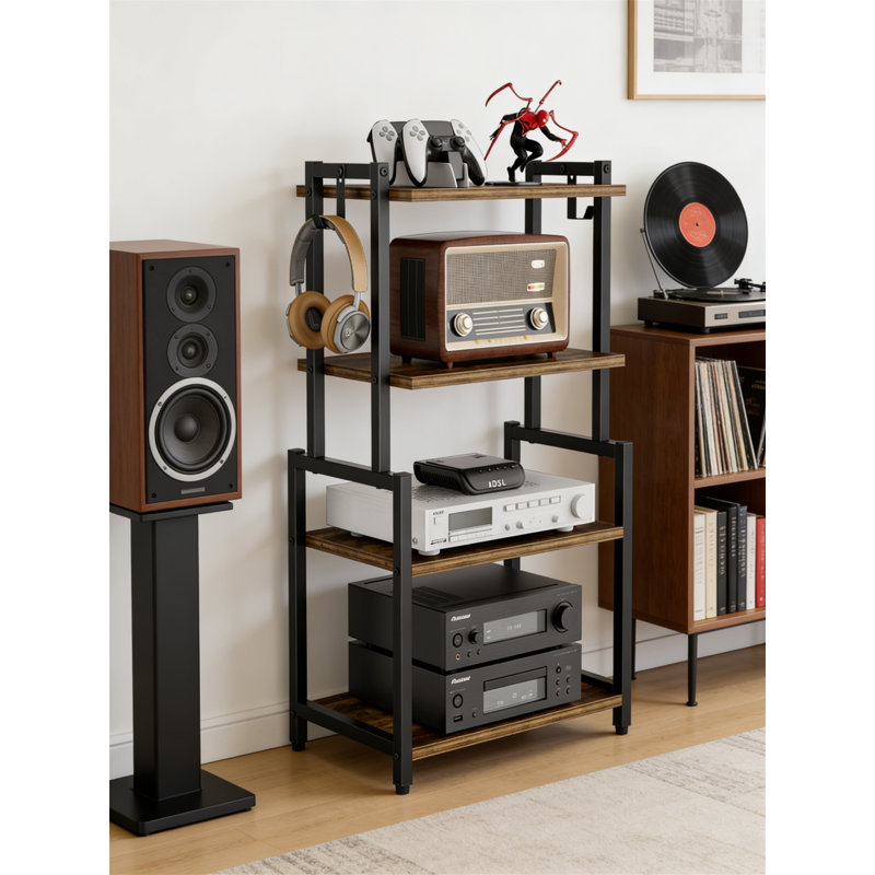 4-Tier AV Media Corner Shelf With Hooks, Game Console Stand, For Video Games And Vinyl Records, Rustic Brown