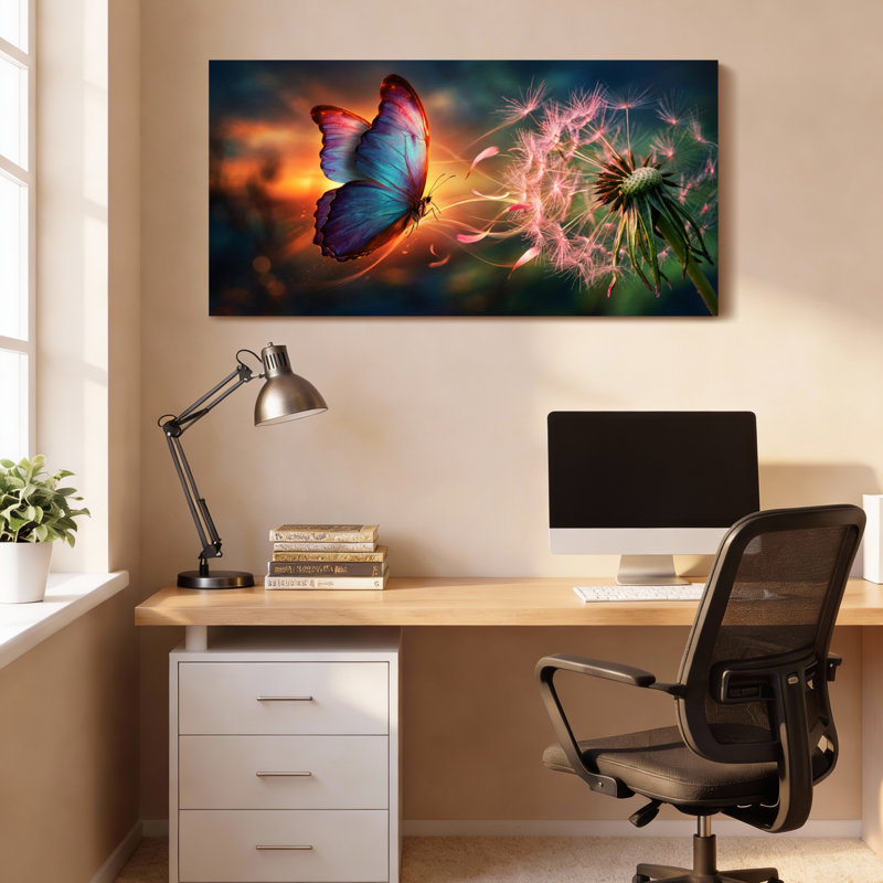Ensemble de 1 tableau sur toile tendue représentant un papillon et un pissenlit, H 20 po x l 40 po