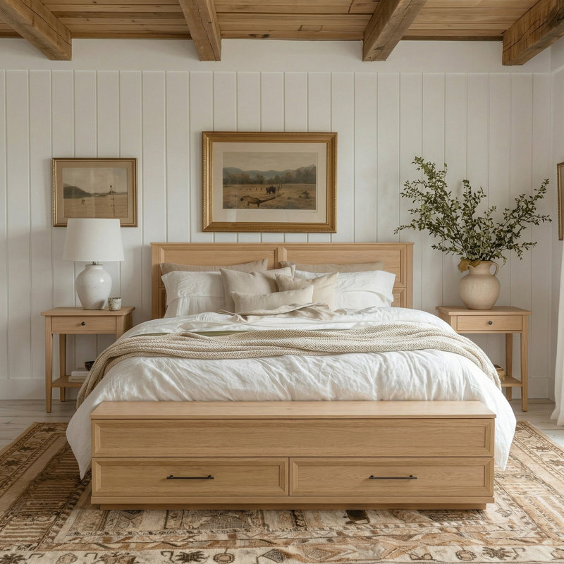 Wood Storage Bed with 4 Drawers and Bench, Geometric Headboard Platform Bed Frame, Oak, King