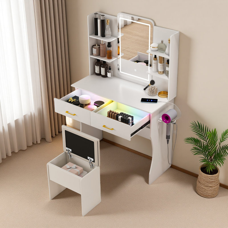 Bureau de meuble-lavabo avec miroir à DEL et prise de courant, ensemble de coiffeuse avec tiroirs de rangement et chaise, 3 modes d'éclairage et luminosité réglable à DEL RVB, coiffeuse, chambre à coucher