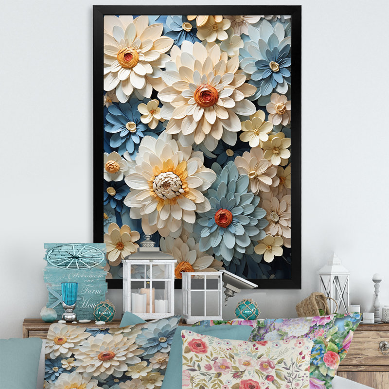 Décoration murale fleurs bleues Zinnias II - Zinnias, Cadre photo noir, H 32 po x l 16 po