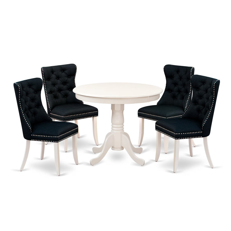 Ensemble de salle à manger 5 pièces composé d'une table ronde en bois avec piédestal et 4 chaises rembourrées, lin blanc