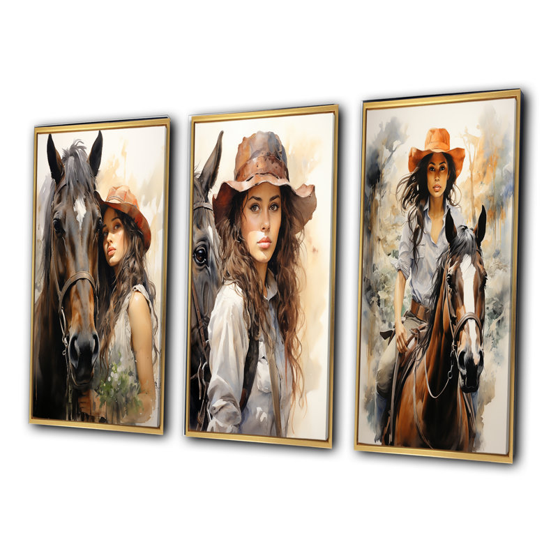 «Cowgirl And Horse Bond», 3 pièces, Encadrement doré, H 20 po x l 36 po