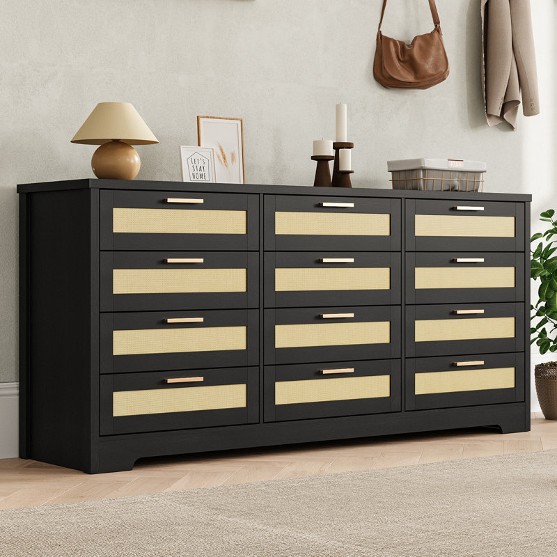 12 Drawer Dresser for Bedroom, 63 Inch Long Rattan Dressers & Chest of Drawers, Large TV Stand for 55, 65, 70 Inch TV, Boho Style, Modern Rattan Sideboard for Living Room, Bedroom, Entryway, Hallway