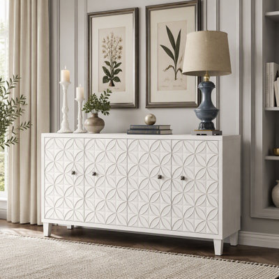 Shabby Chic 4-Door Wooden Accent Cabinet, White Wash Sideboard Buffet Credenza with Circle Pattern Doors, Multi-Purpose Storage Cabinet for Kitchen, Dining Room, Living Room, Entryway, Hallway and Home Office