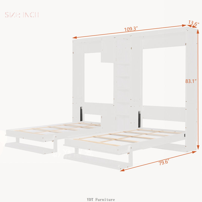 Lits simples escamotables doubles avec armoires et tablettes | Blanc