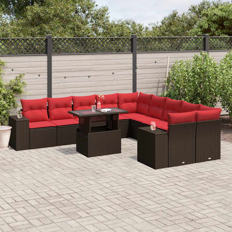 Ensemble de canapé de patio 11 pièces avec coussins en rotin de polyester, Rouge, Brun