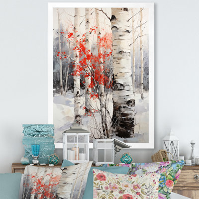 Bois de bouleau blanc et rouge en hiver sur toile