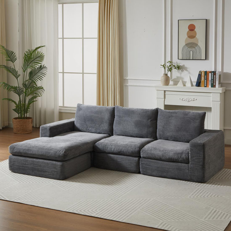 99-Inch Boneless Couch With Chaise, L-Shaped Modern Upholstered Sectional Sofa With Three Pillows, Corduroy Sectional Sofa For Living Room And Bedroom, No Assembly Required