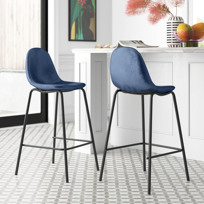 Lazio Velvet Bar Stool with Iron Legs, Blue, Bar Stool (29.13” Seat Height)
