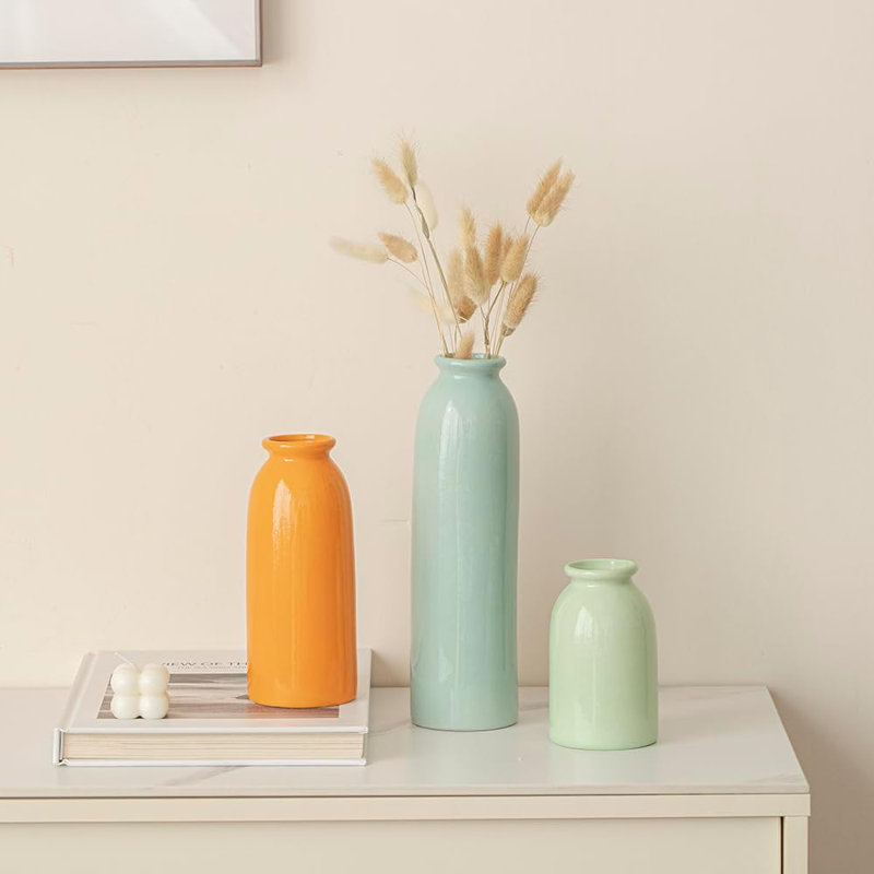 Ensemble de vases en céramique de 10,4 pouces de hauteur, style bohème nordique moderne, 3 pièces, Vert / Orange