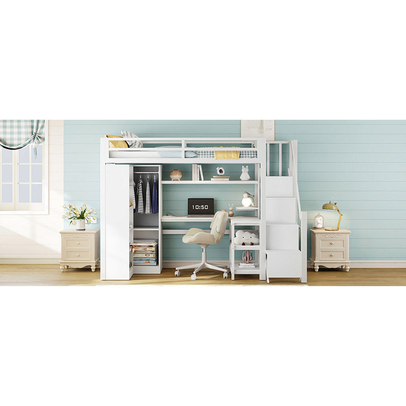 Lit mezzanine simple en métal avec tablette à 5 couches, bureau, ports et garde-robe - blanc pour chambre à coucher confortable avec cadre, option pratique de bureau