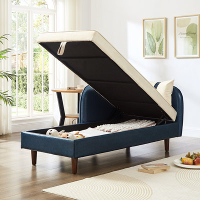 Navy Blue Pu And Beige Velvet 65" Chaise Lounge With Storage Space, Solid Rubber Wood Legs, Comfortable Covered Seating, For Idle Pillows Magazines In Velvet, Stable Eucalyptus Construction, Soft