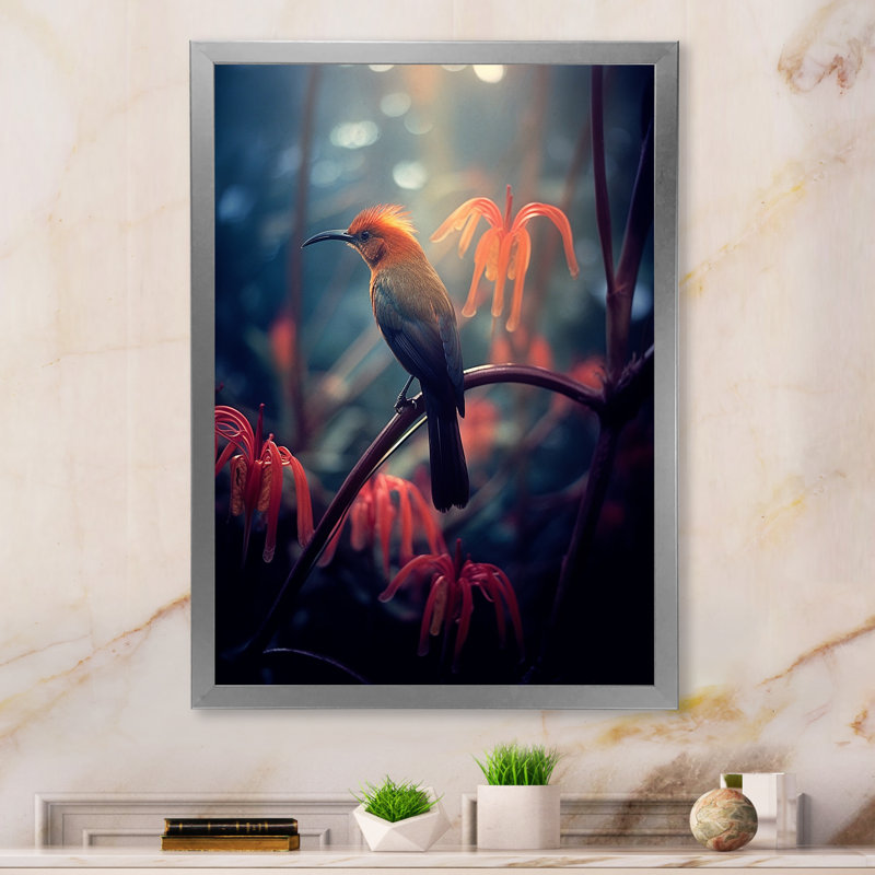 Oiseau jaune sur une fleur de cerisier V sur toile, H 44 po x l 34 po x P 1,5 po, Cadre simple argenté