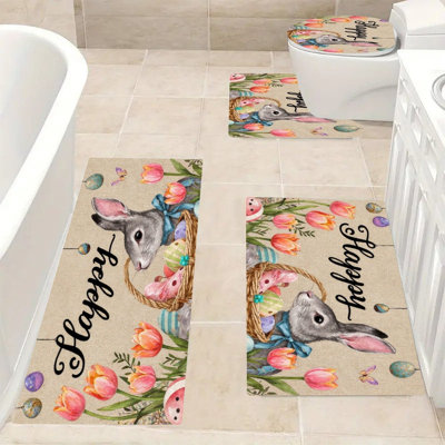 Bunny with Colorful Eggs, Bath Rug Set of 4 for Bathtub, Sink