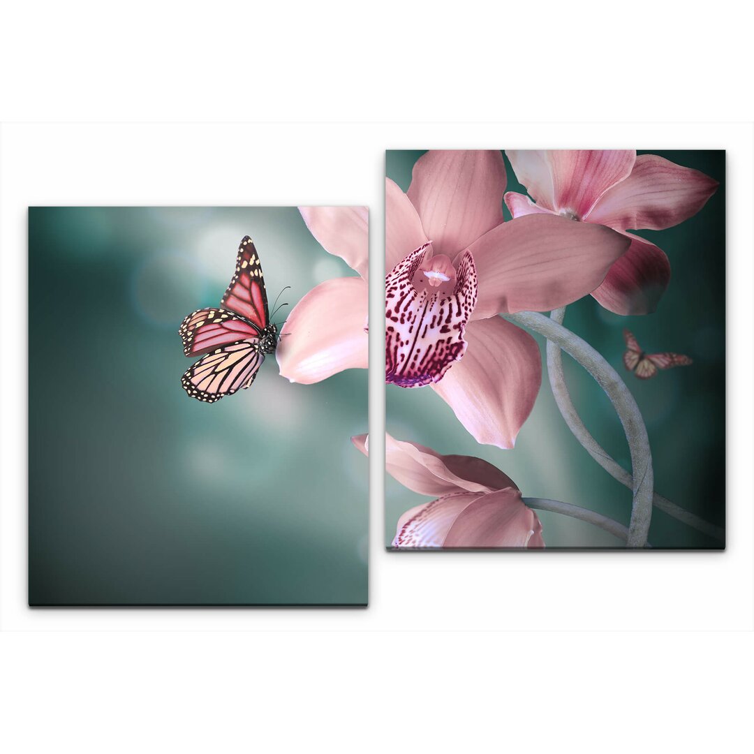 2-tlg. Leinwandbilder-Set Blume mit Schmetterling