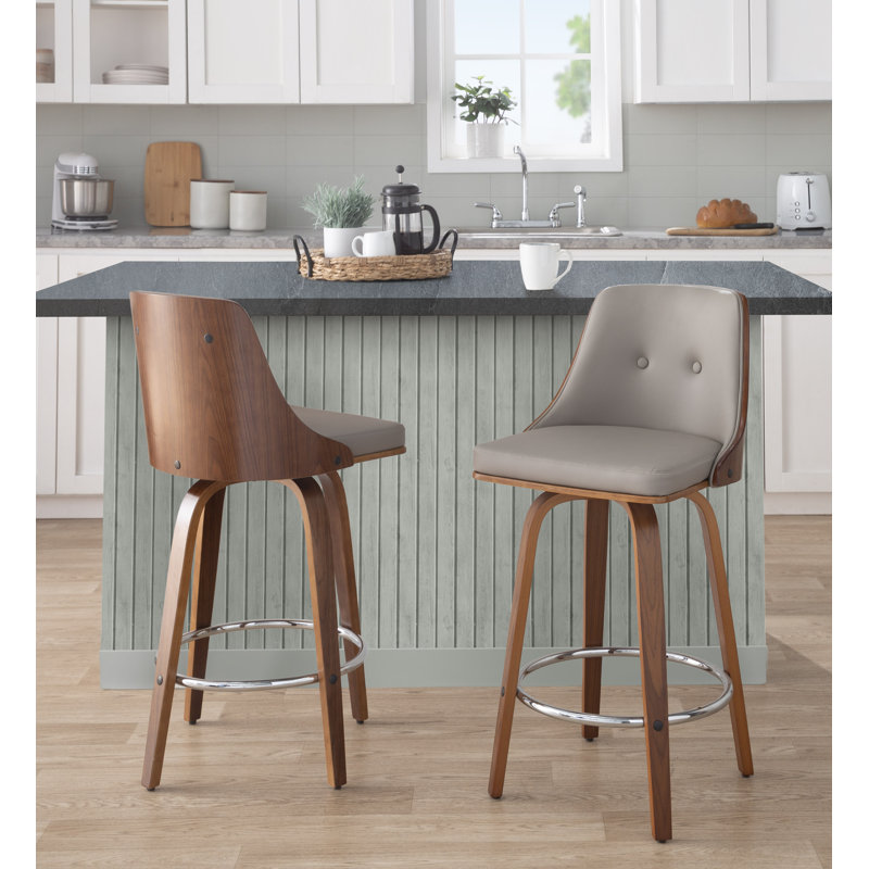 Archaimbaud Fixed Height Faux Leather Bar & Counter Stool with Round Footrest, Counter Stool (25.75” Seat Height), Chrome