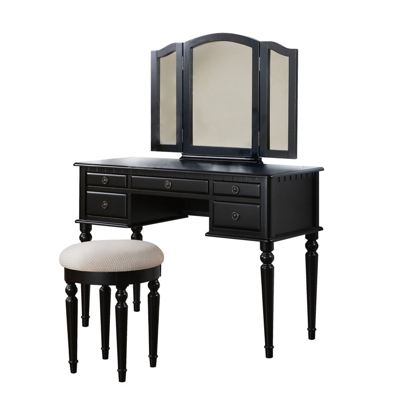 Bedroom Contemporary Vanity Set W Foldable Mirror Stool Drawers  Color, Black